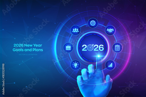 2026 New year Goals and plans. Business plan and strategies. Goal acheiveement and success in 2026. Resolutions, plan, action, checklist concept. Hand touching digital interface. Vector illustration.
