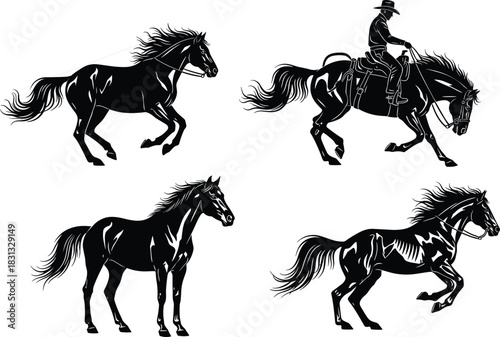 Black horse silhouette vector illustration set, including galloping racehorse, running wild stallion, and cowboy rider on horseback for rodeo or western design elements.