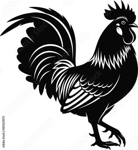 Black rooster silhouette vector illustration, farm animal chicken isolated on white background, poultry icon symbol for logo design, agriculture nature concept, domestic bird