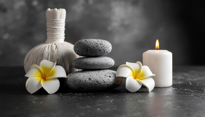 Plexiglas schilderij Spa spa still life with zen stones, frangipani flowers and candle on dark background  © Danang