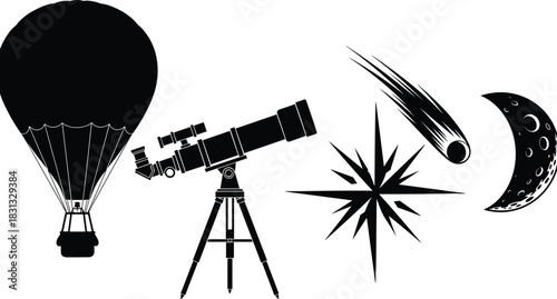 Black silhouette vector set featuring astronomy and exploration elements, including a telescope, hot air balloon, shooting star, and crescent moon, isolated on white background.
