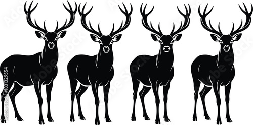 Elegant deer silhouettes standing in a row, detailed antler wildlife illustration, nature animals, forest-themed vector artwork ideal for decoration, design projects, and creative content