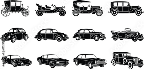 Black Silhouette Vintage and Classic Car Vector Set, Antique Transportation Collection: Horse-Drawn Carriage, Ford Model T, Sedan, Roadster, Old-Fashioned Automobile Icon Clipart