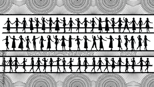 Black vector design featuring continuous rows of female dancer silhouettes holding hands, framed by patterned mandala borders, symbolizing unity, celebration, and rhythmic movement art