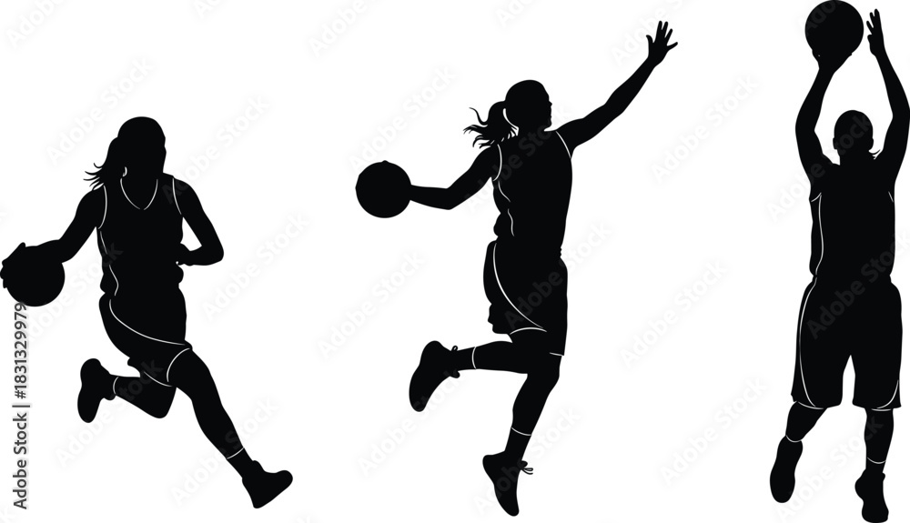 Fototapeta premium Female basketball players silhouette vector set, woman athlete in dynamic action poses, dribbling, jumping, and shooting ball, professional sport competition, game, and active lifestyle graphic art.