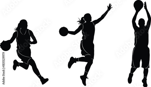 Female basketball players silhouette vector set, woman athlete in dynamic action poses, dribbling, jumping, and shooting ball, professional sport competition, game, and active lifestyle graphic art.