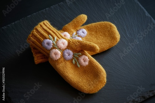 Cozy knitted mittens with embroidered floral accents on dark background