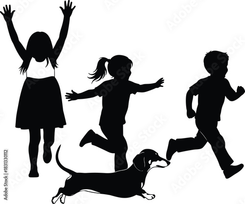 Black vector silhouette of a happy group of two children and a running dachshund dog playing outdoors, symbolizing childhood joy, friendship, and carefree summer recreation