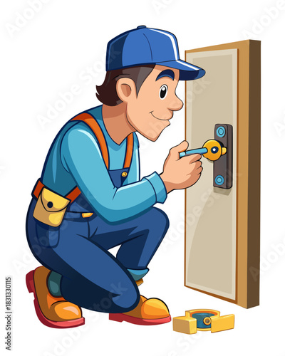 vector of a locksmith kneeling and adjusting door lock with tools, wearing cap and tool belt, isolated on white
