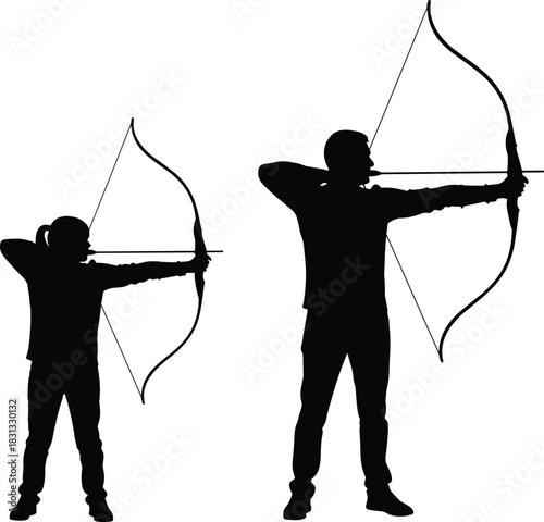 Black vector silhouette of an adult male and a child practicing traditional archery, aiming arrows with bows, symbolizing sportsmanship, focus, and precision training