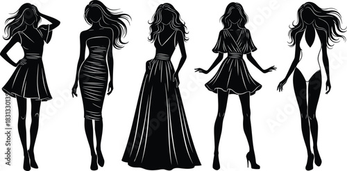Fashion silhouette women, stylish outfits, elegant dresses, modern clothing, high heels, vector illustration, feminine pose, black and white design