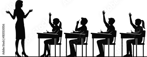 Female teacher standing in front of students raising their hands in a row of desks, demonstrating active participation and Q&A session in the classroom vector silhouette.