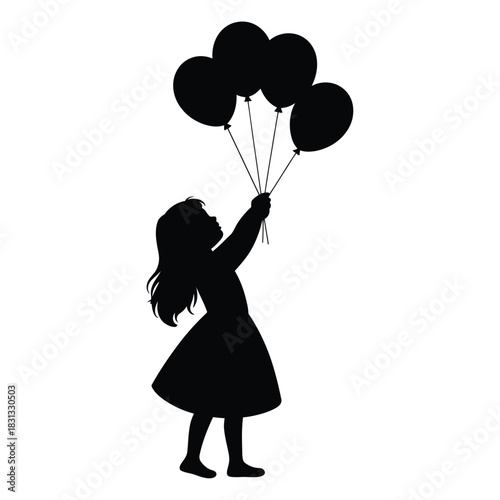 Silhouette of a young girl holding a bunch of balloons