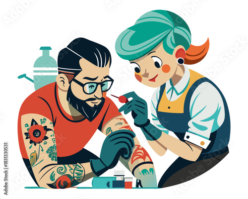 vector of a tattooist concentrating while tattooing a customer’s arm, with inks and needle, isolated on white
