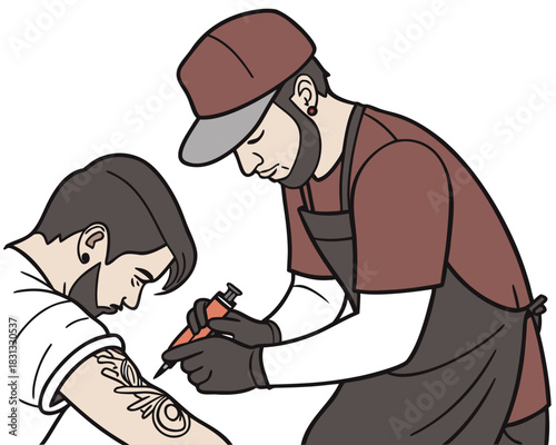 vector of a tattooist concentrating while tattooing a customer’s arm, with inks and needle, isolated on white
