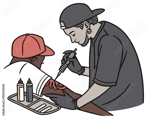 vector of a tattooist concentrating while tattooing a customer’s arm, with inks and needle, isolated on white
