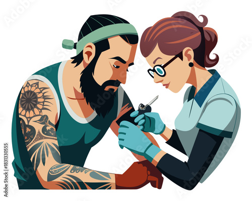 vector of a tattooist concentrating while tattooing a customer’s arm, with inks and needle, isolated on white
