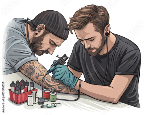 vector of a tattooist concentrating while tattooing a customer’s arm, with inks and needle, isolated on white
