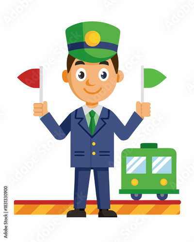 vector of a conductor holding red and green signal flags, standing beside a train wheel, clean vector on white
