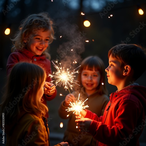 Children on new year's eve playing with sparklers and fireworks enjoying their childhood in the backyard of their home vertical children's day firecracker new year's eve firecracker holiday celeb