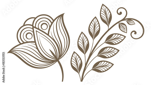 Abstract floral design elements: black vector flower, leaf, and scroll pattern illustration