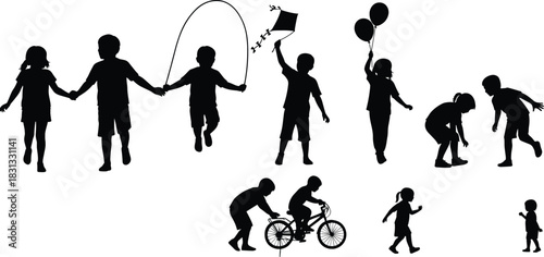 Black vector silhouettes of children playing diverse games like jump rope, kite flying, and cycling, representing childhood freedom, outdoor fun, and happy summer recreation activities
