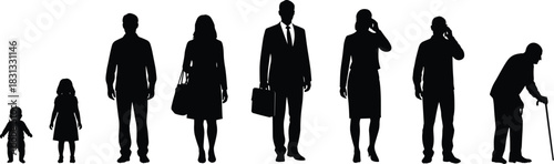 Human life cycle stages silhouette vector illustration set showing people from baby, child, young adult, businessman, to elderly person with a cane, representing aging process.