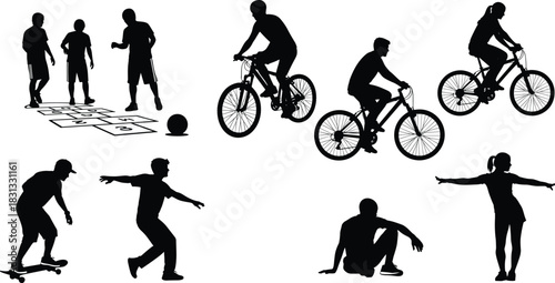 Black vector silhouettes of people enjoying diverse summer activities like riding bicycles, playing hopscotch, and skateboarding, symbolizing health, fitness, and outdoor fun recreation