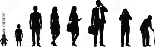 Human life stages silhouette progression showing growth from infancy to old age, diverse male and female figures, timeline evolution concept vector illustration for education and demographic studies