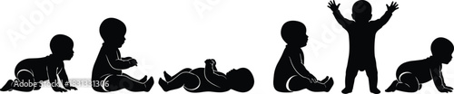 Infant motor development stages, crawling, sitting, standing, baby growth milestones, silhouette sequence, physical progress, early childhood movement, vector illustration