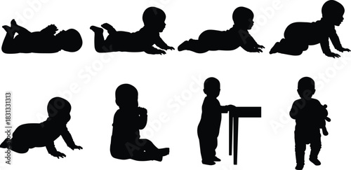 Infant Development Stages Baby Milestones Crawling Sitting Standing Walking Newborn Child Growth Learning Silhouette Vector Illustration Set Isolated on White Background