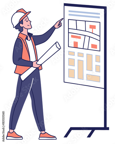 vector of an urban designer holding rolled-up plans and pointing at a city layout board, clean style on white
