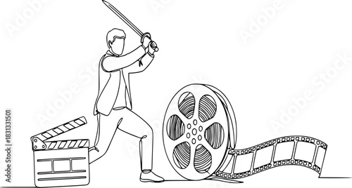 Man with sword posing in action scene near film reel and clapperboard, concept of single line outline vector 