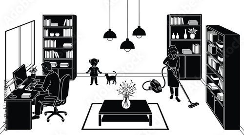 Living room silhouette vector, family multitasking scene, home activity illustration, black and white design, modern lifestyle, domestic interior artwork