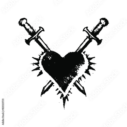 Black and white grunge illustration of a thorny heart pierced by a sword in retro vintage style