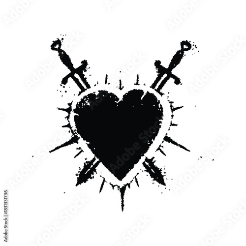 Black and white grunge illustration of a thorny heart pierced by a sword in retro vintage style
