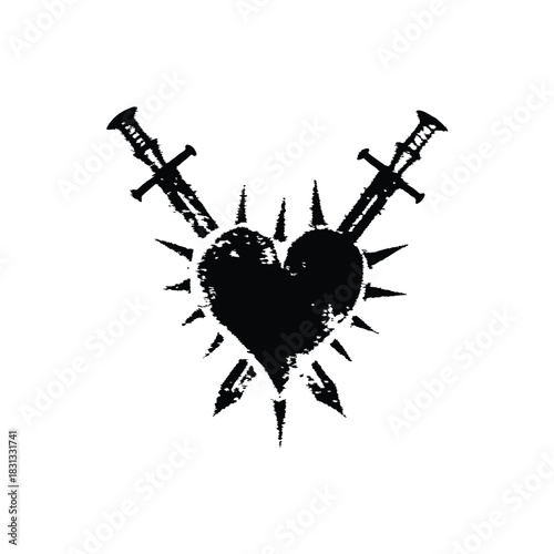 Black and white grunge illustration of a thorny heart pierced by a sword in retro vintage style