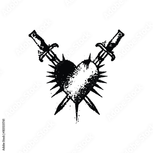 Black and white grunge illustration of a thorny heart pierced by a sword in retro vintage style