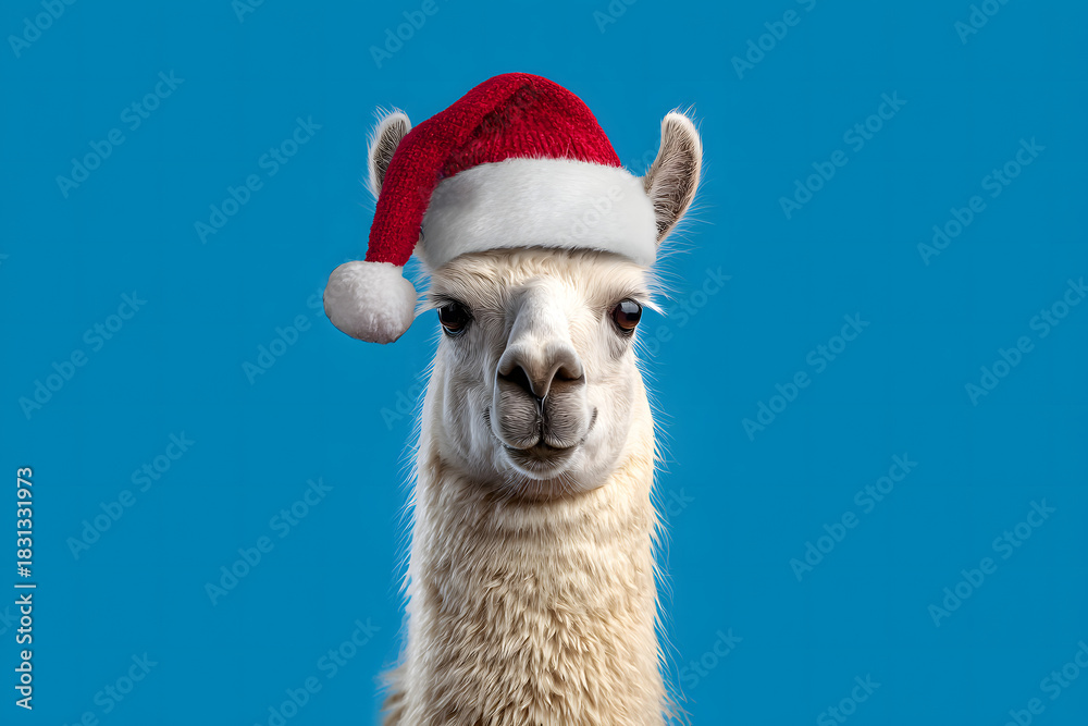Obraz premium Cute llama in a Santa hat on a blue background