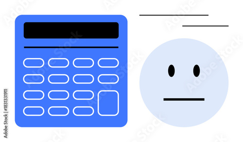 Calculator and neutral face reflecting calculation challenges, analysis stress. Ideal for finance, analysis, productivity, budgeting, decision-making, problem-solving planning. Simple flat metaphor