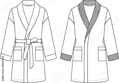 Classic Hotel and Spa Robe Technical Fashion Flat Sketch CAD Drawing with Shawl Collar, Waist Tie Belt, Large Patch Pockets, and Contrast Stripe Option Vector