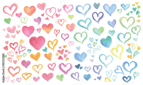 A vector illustration filled with pink and blue watercolor hearts