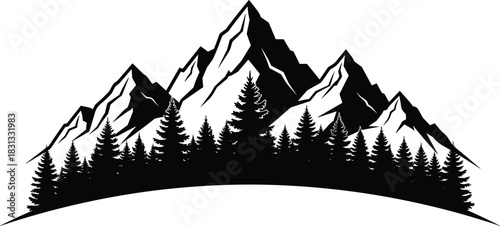 Rugged mountain peaks over pine tree forest silhouette vector illustration, nature landscape graphic, hiking, adventure, camping, wilderness travel, and outdoor environment design element concept.