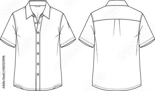 Classic Short Sleeve Button-Up Shirt Technical Sketch CAD Drawing Flat Vector Illustration with Collar, Front Placket, and Back Yoke for Fashion Design and Apparel Templates,