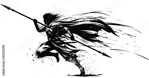 Running warrior holding long spear black silhouette vector illustration, fantasy hero in cape, dynamic aggressive action pose, medieval soldier, battle graphic, ink splash style.