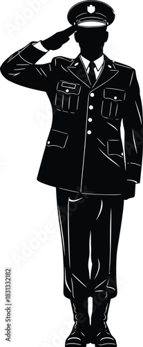 Saluting military officer silhouette in formal uniform standing at attention, honoring service, discipline, respect and patriotism in detailed ceremonial vector illustration