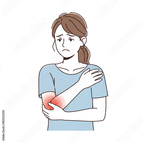 Illustration of a woman experiencing arm joint pain. Isolated on a white background.