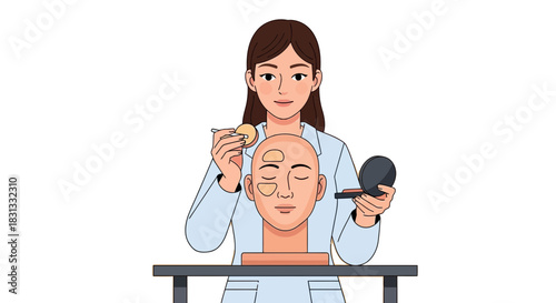 Woman applying makeup to face on mannequin for demonstration