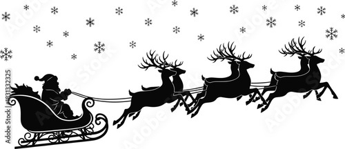 Santa Claus flying in sleigh pulled by reindeer team silhouette vector illustration, Christmas night scene with snowflakes, winter holiday greetings, festive celebration design element graphic.