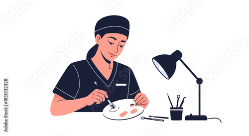 Dentist with dental palette applying treatment on teeth